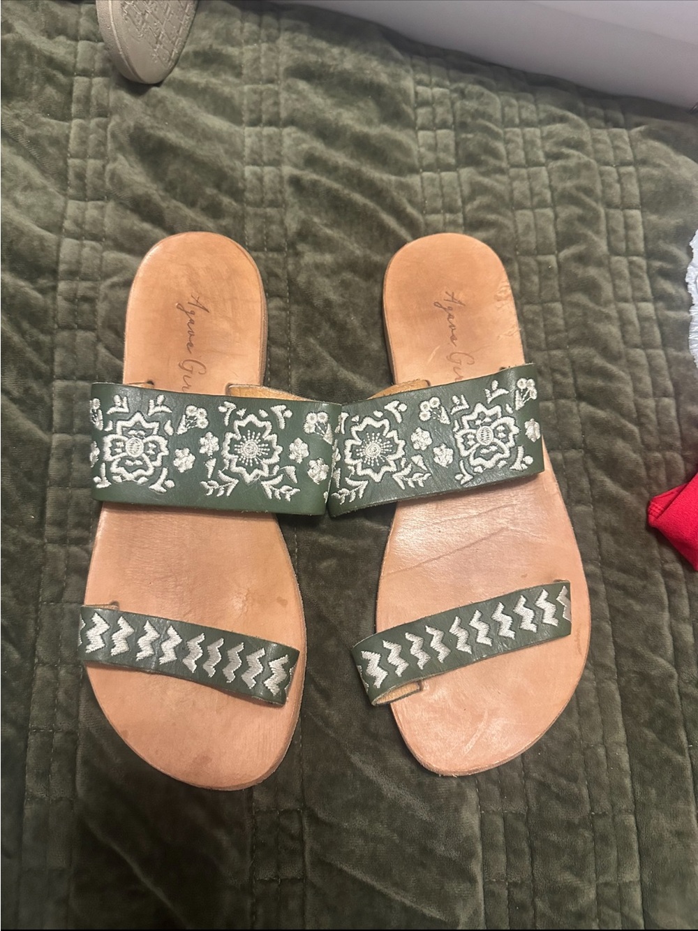 Green Embroidered Double-Strap Slide Sandals for Women